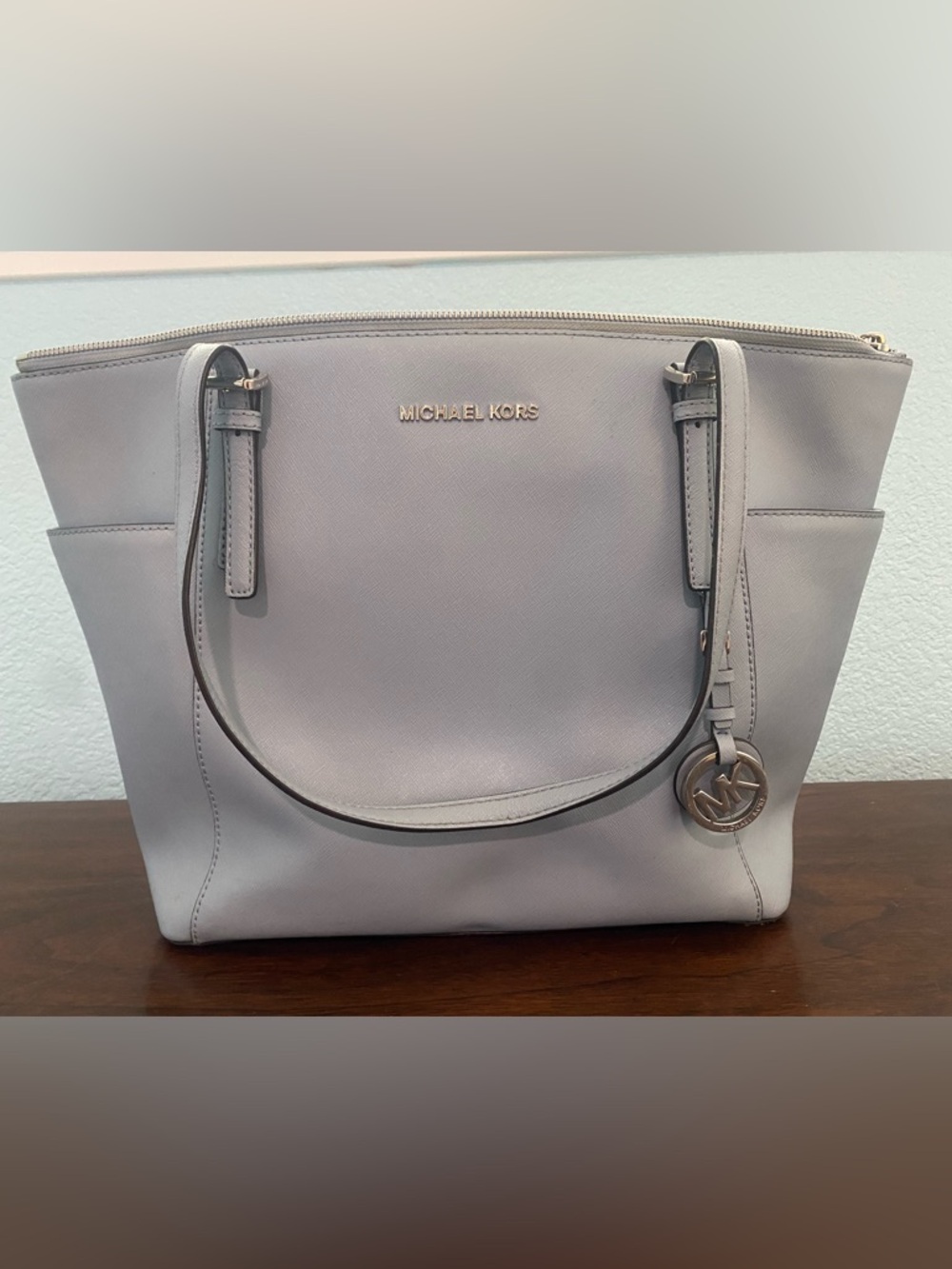 Michael Kors Pale Blue Saffiano Leather Tote with Signature Charm